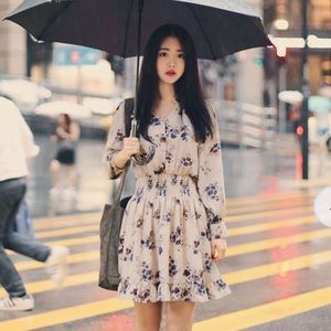Long-Sleeved Floral Print Chiffon Dress